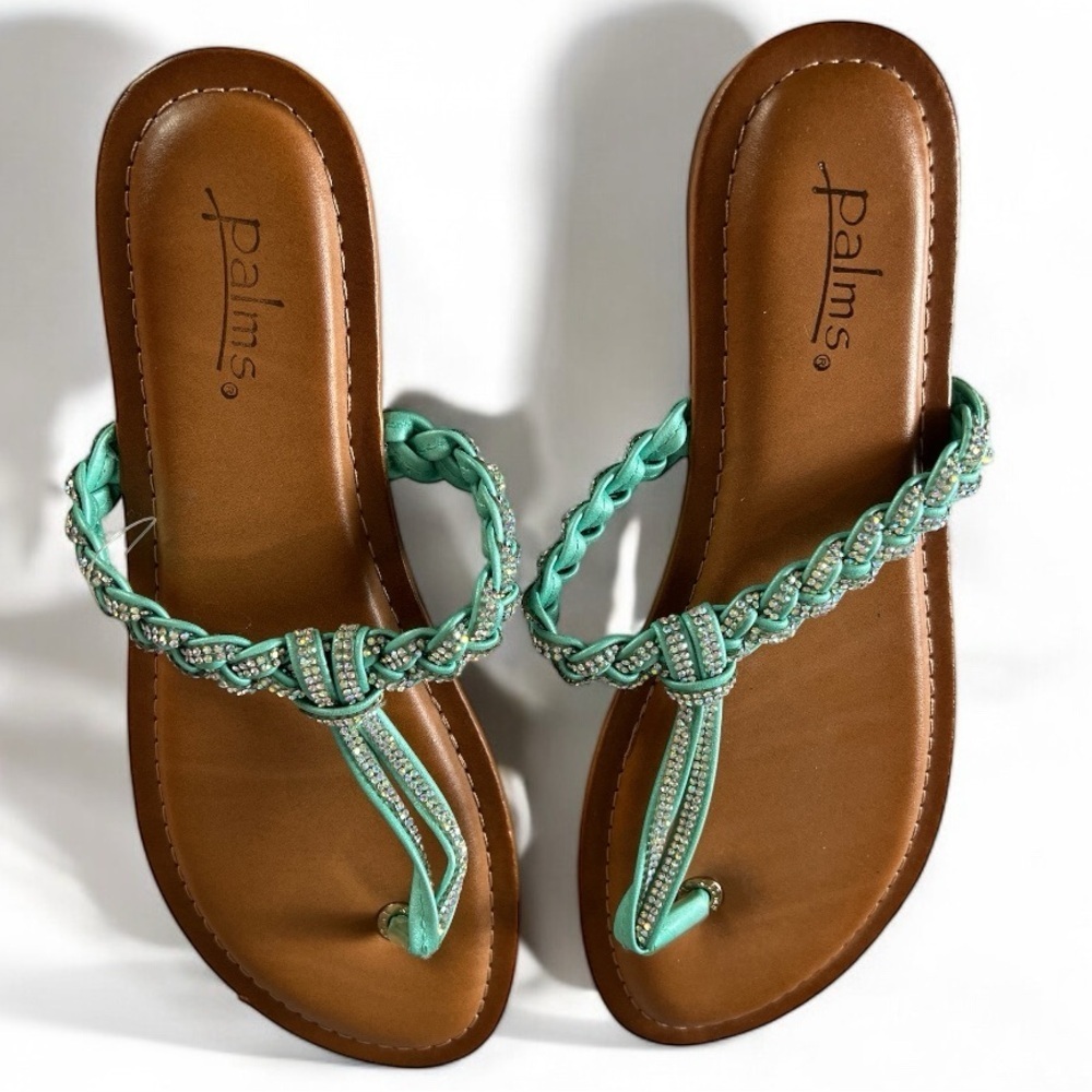 Palms Metallic Teal & Aurora Rhinestone Vegan Leather Thong Sandals Size 11 New